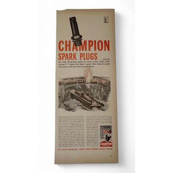 1943 Champion Spark Plug Print Ad Navy Battle Scene 1940s Automotive Ephemera - Picture 4 of 8
